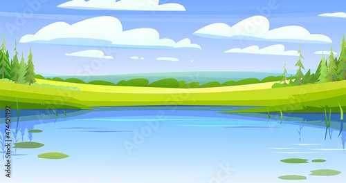 Rural landscape. Water pond or river bank with water lily leaves. Horizontal village nature illustration. Cute country hills. Flat style. Vector