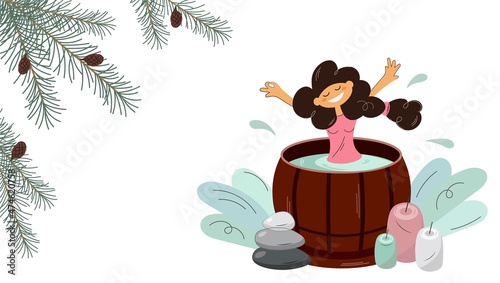 Template of happy girl taking spa treatments in hot tub or wooden barrel. Spa sauna pleasures, joyful well-being. Postcard, poster, banner with fir branches, free space. Isolated flat cartoon vector