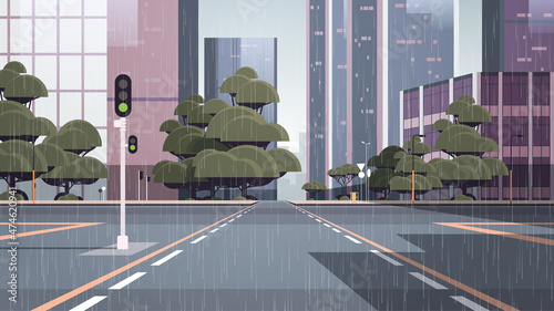 raining empty street road with crossroad and traffic light city buildings skyline modern architecture cityscape background