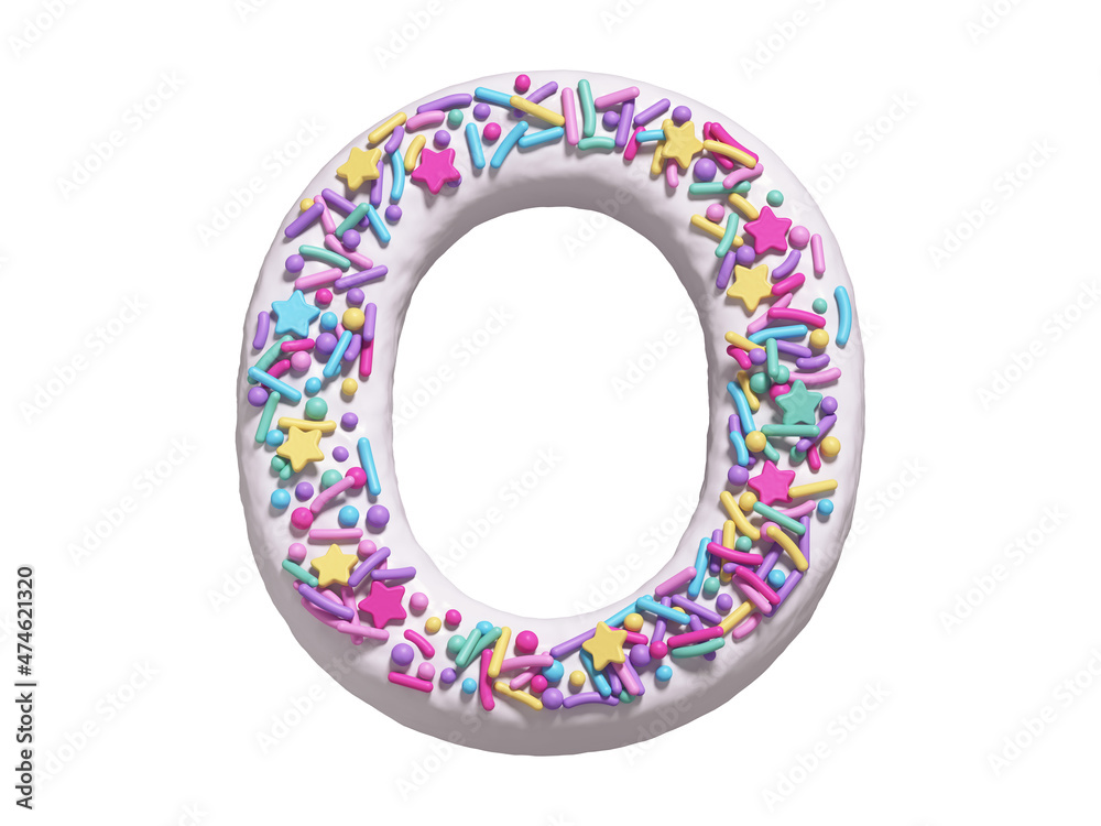 Сake with colorful candy font. White cream. Letter O Сake with colorful candy font. White cream. Letter O