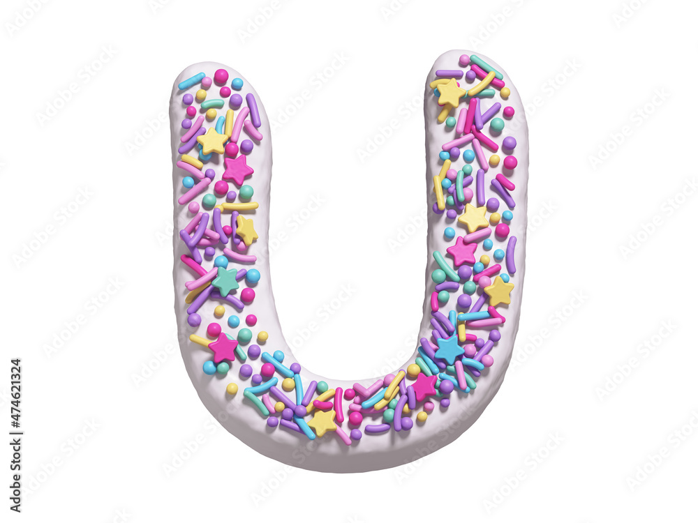 Сake with colorful candy font. White cream. Letter U Сake with colorful candy font. White cream. Letter U