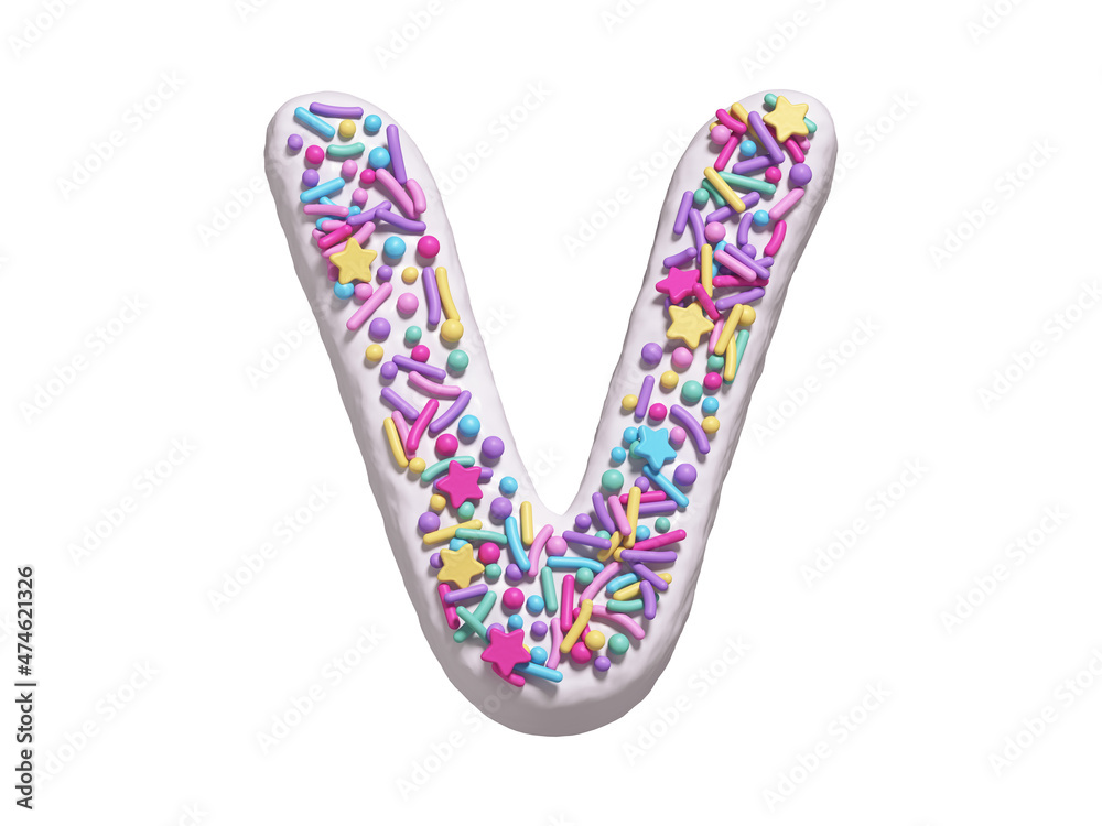 Сake with colorful candy font. White cream. Letter V Сake with colorful candy font. White cream. Letter V