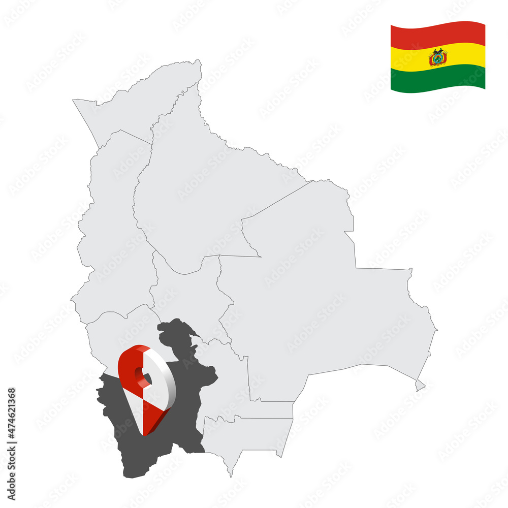 Obraz premium Location Potosi Department on map Bolivia. 3d location sign similar to the flag of Potosi. Quality map with Departments of Bolivia for your design. EPS10