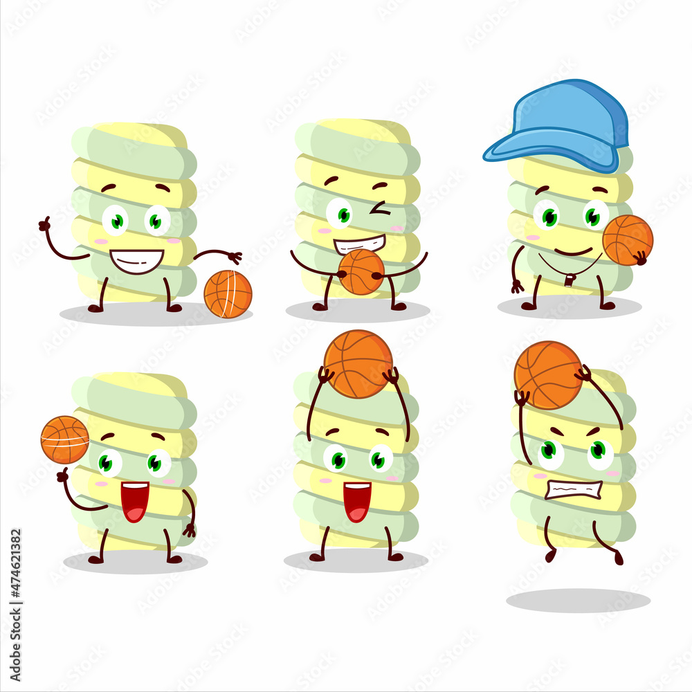 Talented yellow marshmallow twist cartoon character as a basketball athlete Talented yellow marshmallow twist cartoon character as a basketball athlete