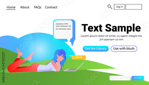 woman using messenger app on laptop social media network chat bubble communication concept