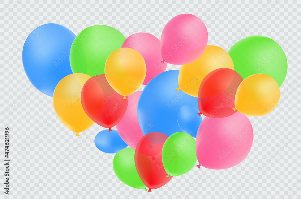 Balloon border with shiny gold glitter and star confetti isolated on transparent background. Vector realistic golden festive 3d helium baloons banner for anniversary, birthday party design