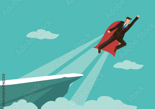 Super businessman flying from the mountain cliff into the sky.