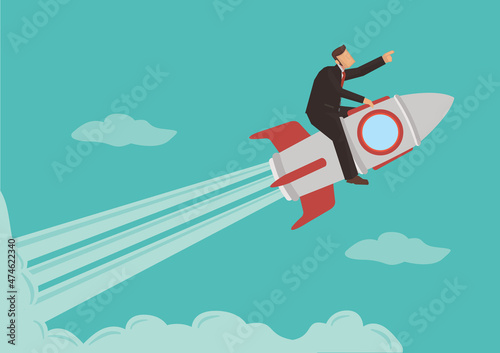 Businessman sitting on rocket ship flying through clouds.