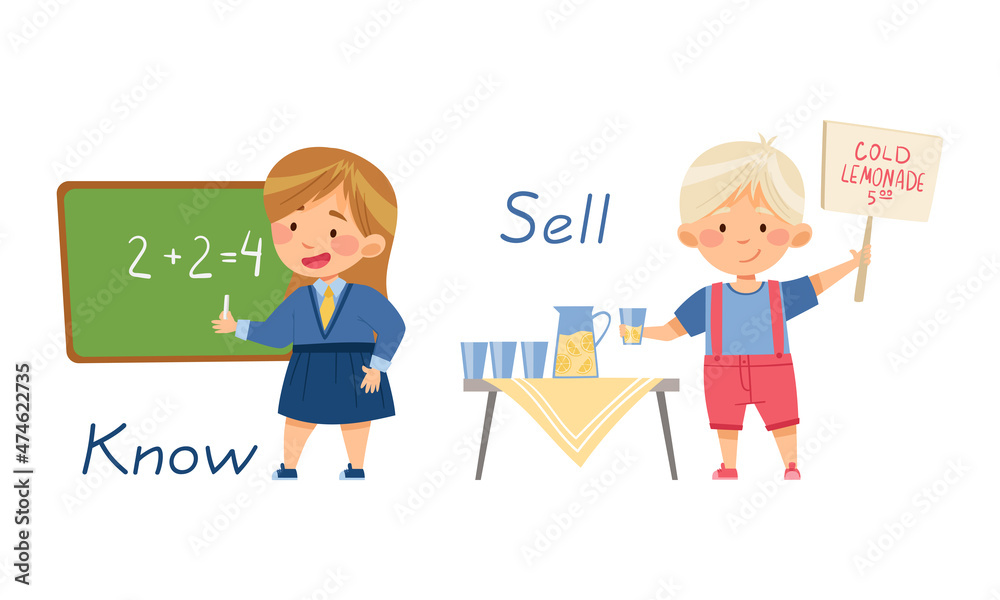 Know and Sell English action verbs for kids education set. Children doing daily routine activities vector illustration