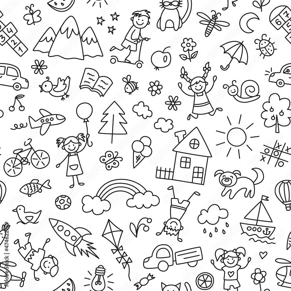 Seamless pattern with doodle children, house, sun, rainbow and bike. Hand drawn funny little kids play, run and jump. Cute children drawing. Vector illustration in doodle style on white background.