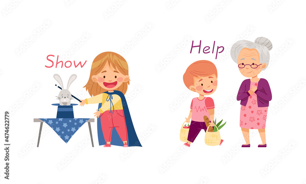 Show and Help English action verbs for kids education set. Children doing daily routine activities vector illustration Show and Help English action verbs for kids education set. Children doing daily routine activities vector illustration