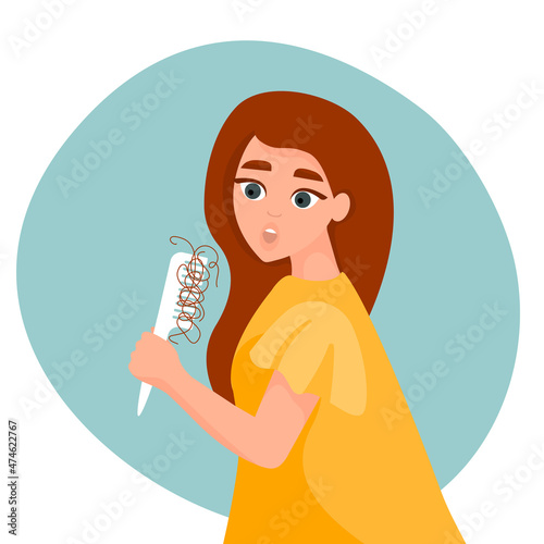 Woman combing her long hair. Concept of alopecia, hair problems, hair loss, baldness. Vector cartoon illustration.