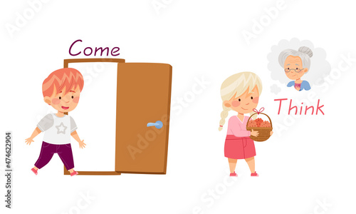 Come and Think English action verbs for kids education set. Children doing daily routine activities vector illustration