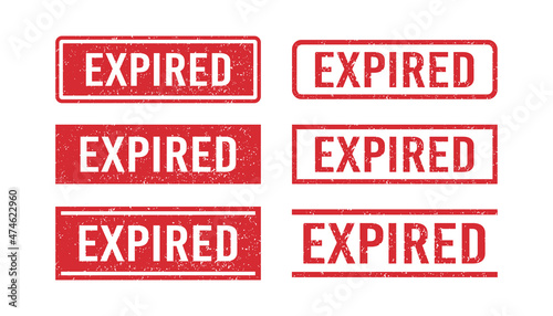 Red grunge expired rubber stamps. Expiration date stamps. Grunge vintage square labels. Set of vector illustrations isolated on white background.