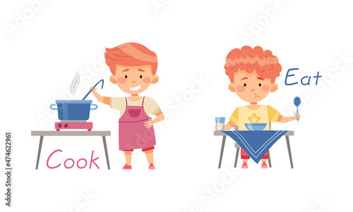 Cook and Eat English action verbs for kids education set. Children doing daily routine activities vector illustration