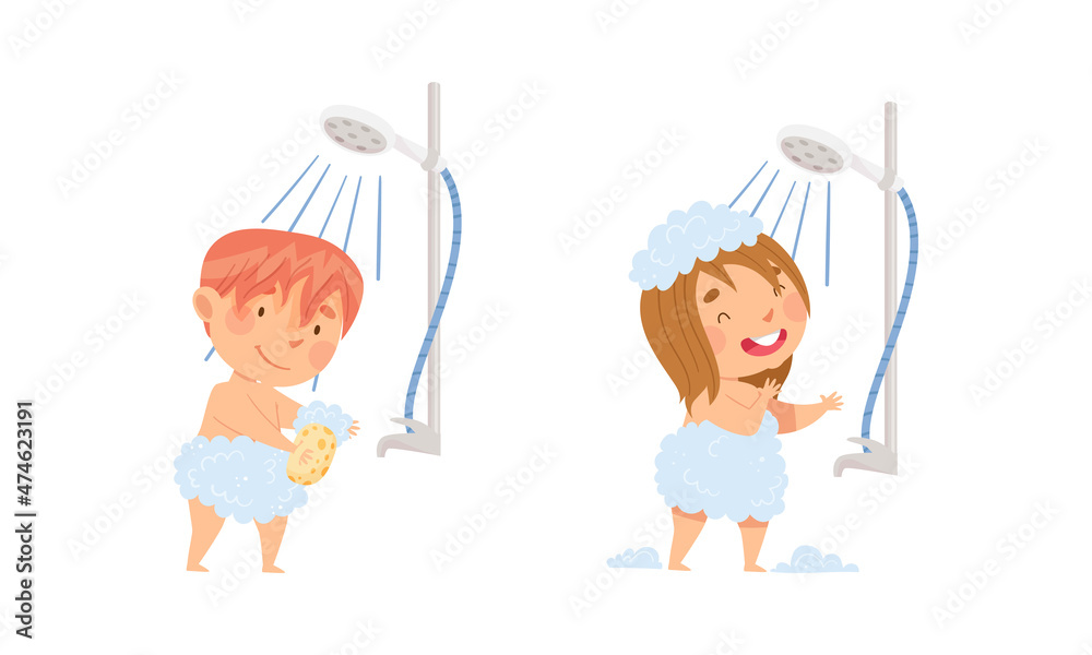 Children doing everyday hygiene activities in bathroom set. Cute little boy and girl taking shower vector illustration Children doing everyday hygiene activities in bathroom set. Cute little boy and girl taking shower vector illustration