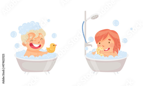 Children doing everyday hygiene activities in bathroom set. Cute happy little girl and boy bathing in bathtub vector illustration