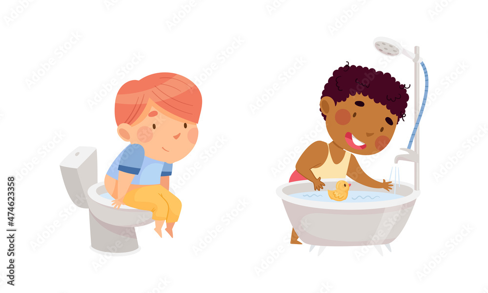 Children doing everyday hygiene activities in bathroom set. Cute boys sitting on toilet bowl and bathing in bathtub vector illustration Children doing everyday hygiene activities in bathroom set. Cute boys sitting on toilet bowl and bathing in bathtub vector illustration