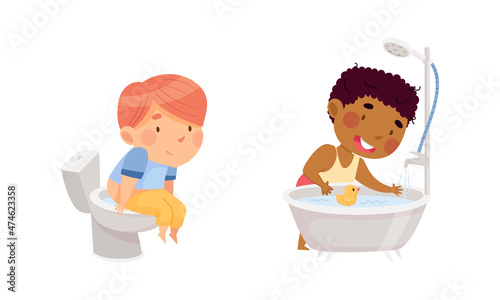Children doing everyday hygiene activities in bathroom set. Cute boys sitting on toilet bowl and bathing in bathtub vector illustration