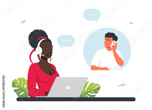 Man calls the call center. Customer service. Man with headphones, microphone with laptop. Concept illustration for support, call center. hotline operators consult customers with headsets on computers