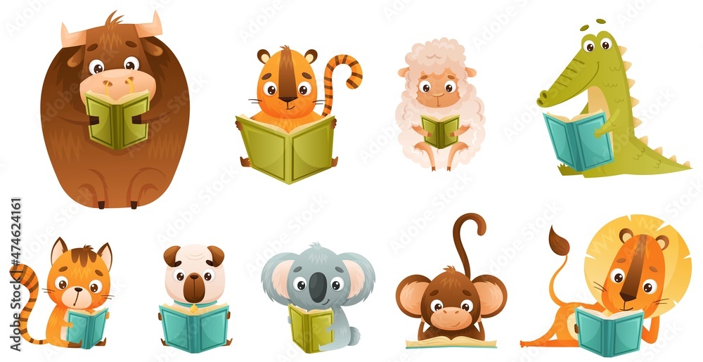 Cute baby animals reading books set. Smart lion, sheep, monkey, cat, dog, chipmunk, bull sitting and studying with book cartoon vector illustration