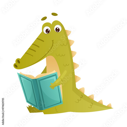Cute crocodile reading book. Smart baby animal sitting and studying with book cartoon vector illustration