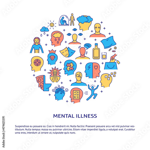 Mental disorders round banner in colored line style with text