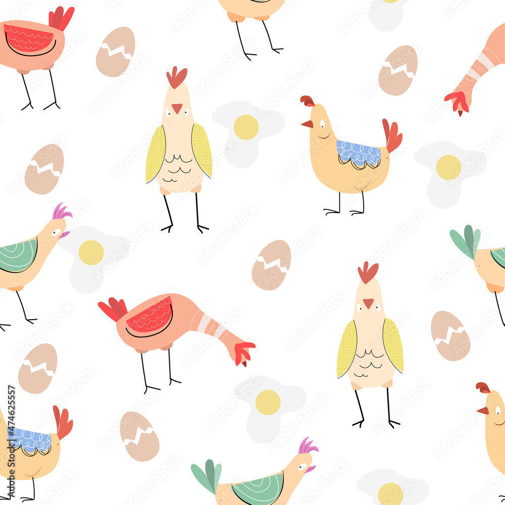 Seamless pattern with funny cartoon hand drawn chickens and eggs. Colorful background with domestic birds can be used to easter, fabric, wallpaper, textile, scrapbooking. Seamless pattern with funny cartoon hand drawn chickens and eggs. Colorful background with domestic birds can be used to easter, fabric, wallpaper, textile, scrapbooking.