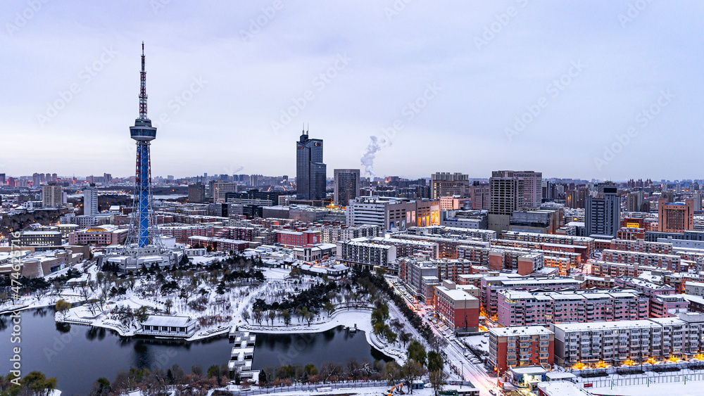 Early morning snow in the city-winter scenery in the urban area of Changchun, China