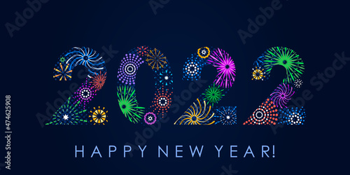 Bright numbers 2022 with fireworks Flat abstract geometric design New year concept and Xmas