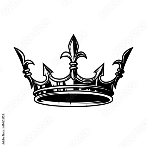 Illustration of king crown in monochrome style. Design element for logo, emblem, sign, poster, t shirt. Vector illustration