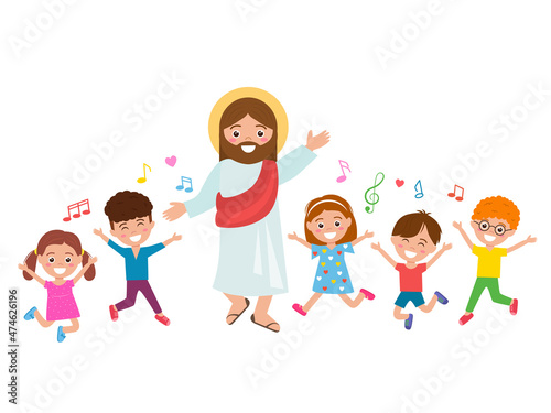 Jesus Christ and children sing songs and rejoice. Sunday school for kids.