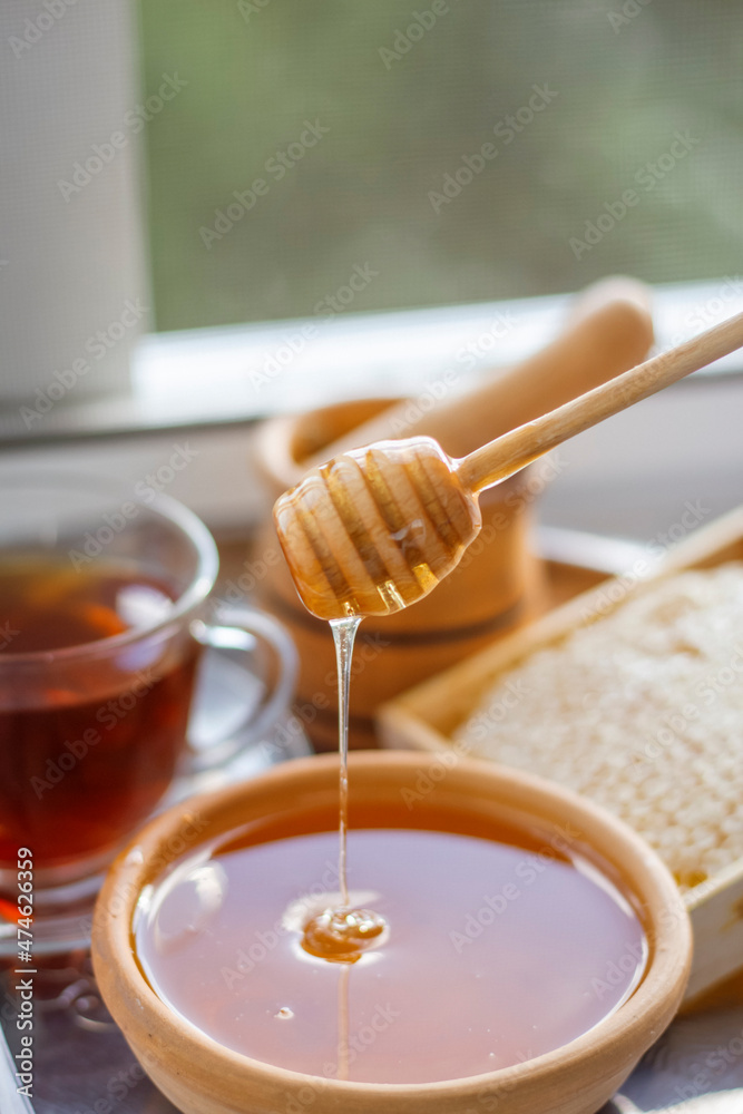 Honey in a bowl and in honeycombs still life by the window Honey in a bowl and in honeycombs still life by the window