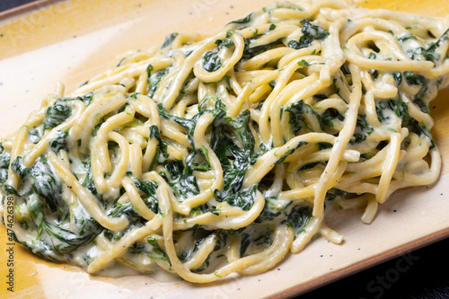 details of homemade fresh pasta with gorgonzola and spinach