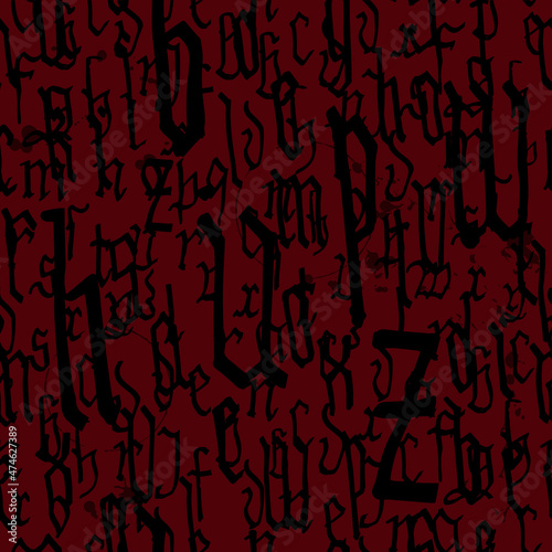 Pattern seamless Gothic style alphabet calligraphy, lettering. Ink stains, wine. European Medieval latin letters. Vector background
