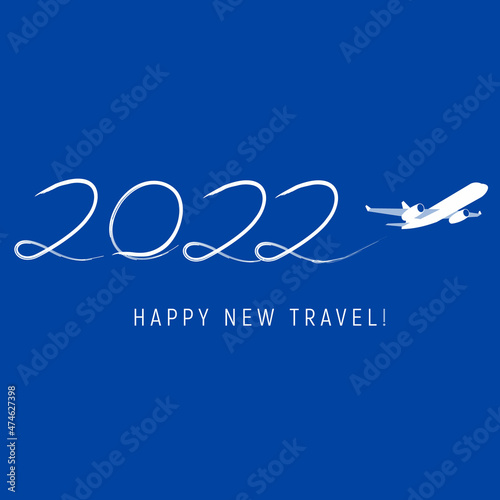New Year 2022 concept - airplane left a trace in the form of numbers. Flat vector clip art. Greeting card or poster template - plain write digits in the sky. With place for text.