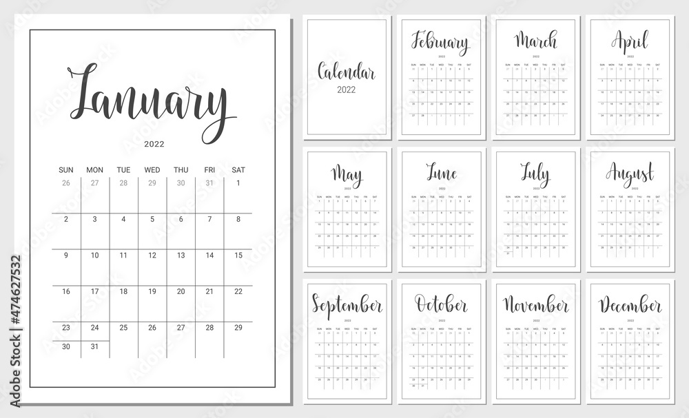 Vector Calendar Planner for 2022 Year. Handwritten lettering. Set of 12