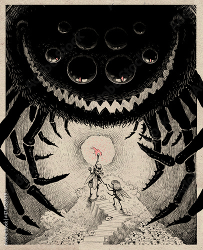 Black and white illustration Spider and flys in horror cave, cover, present, poster on wall, ventage picture photo