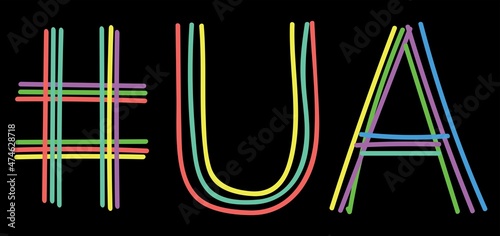 UA Hashtag. Multicolored bright isolate curves doodle letters. Hashtag #UA is abbreviation for the Ukraine for social network, web resources, mobile apps.