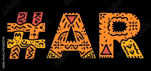 AR Hashtag. Multicolored bright isolate curves doodle letters. Hashtag #AR is abbreviation for the US American Arkansas for social network, web resources, mobile apps.