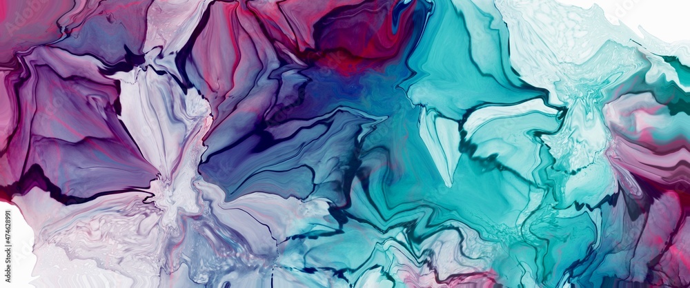 Elegant hand drawn marble art with turqoise and purple colours, alcohol ink background, modern liquid texture, minimal watercolour painting, wallpaper for print, modern wall decoration, pattern	

