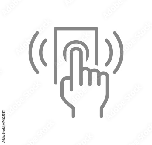 Hand presses the doorbell line icon. Ring the door bell symbol