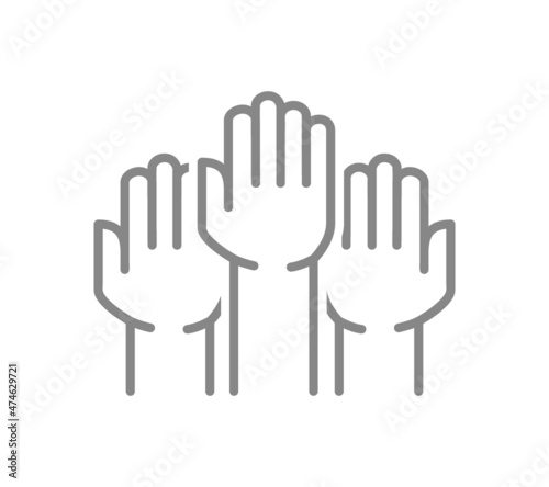Three raised hands line icon. Unity and teamwork symbol