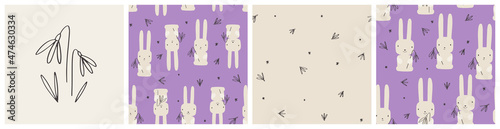 Easter rabbit with snowdrop flower seamless pattern set. One-way and two-directional vector designs with spring bunny for kids fabric, wrapping, gift bag or poster background.