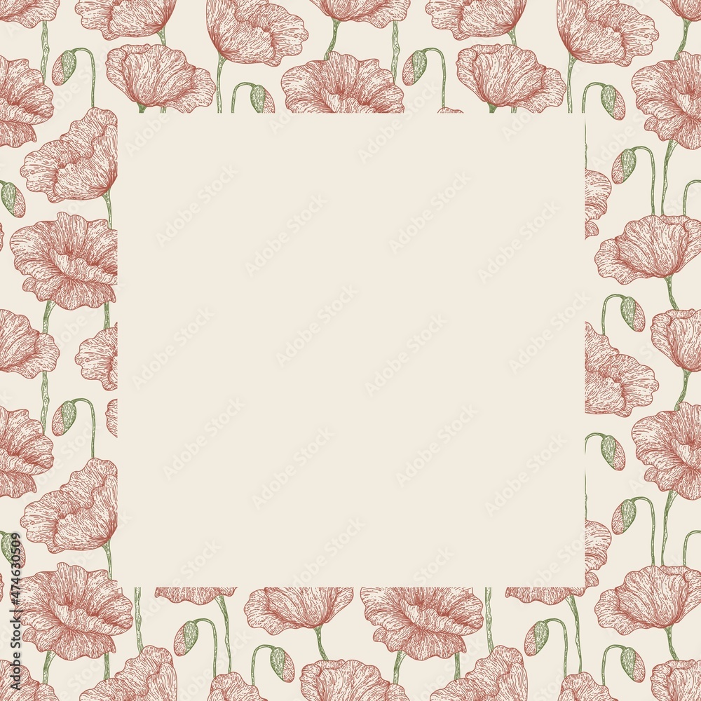 Square frame with poppies, flowers on a beige background. Decor element. Images for booklets, banners, photo frames, photos. Square frame with poppies, flowers on a beige background. Decor element. Images for booklets, banners, photo frames, photos.