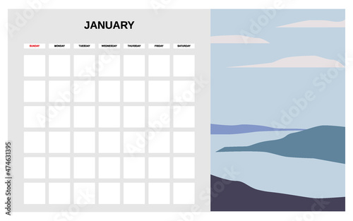 Calendar Planner January winter month. Minimal abstract contemporary landscape natural background. Monthly template for diary business. Vector isolated
