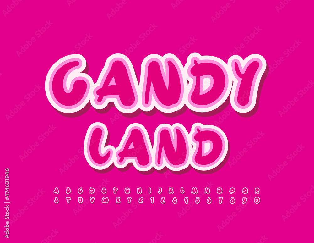 Vector creative poster Candy Land with Pink handwritten Font. Artistic set of sticker Alphabet Letters and Numbers 