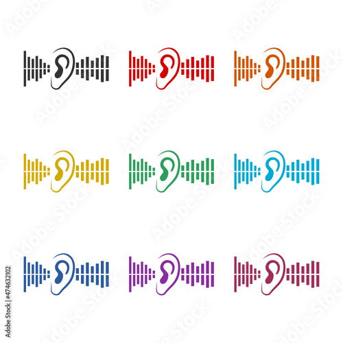 Human ear anatomy and auditory icon isolated on white background, color set
