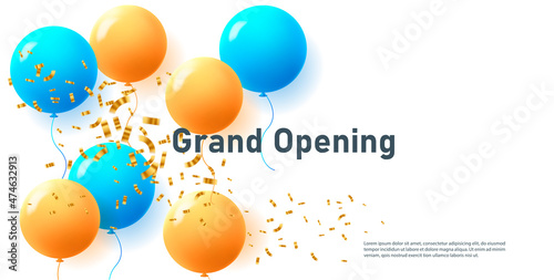 3d illustration of round air ballons of blue and yellow flying up with golden confetti