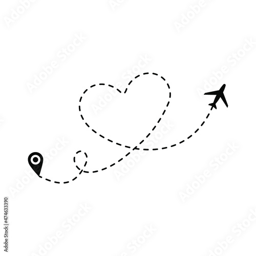 Love travel route. Airplane line path vector icon of air plane flight route travel